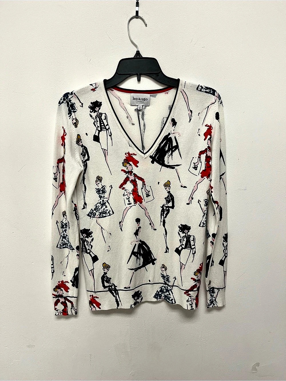 Leo & Ugo Fashion Sketch V-Neck Sweater Long Sleeve Top Size XS